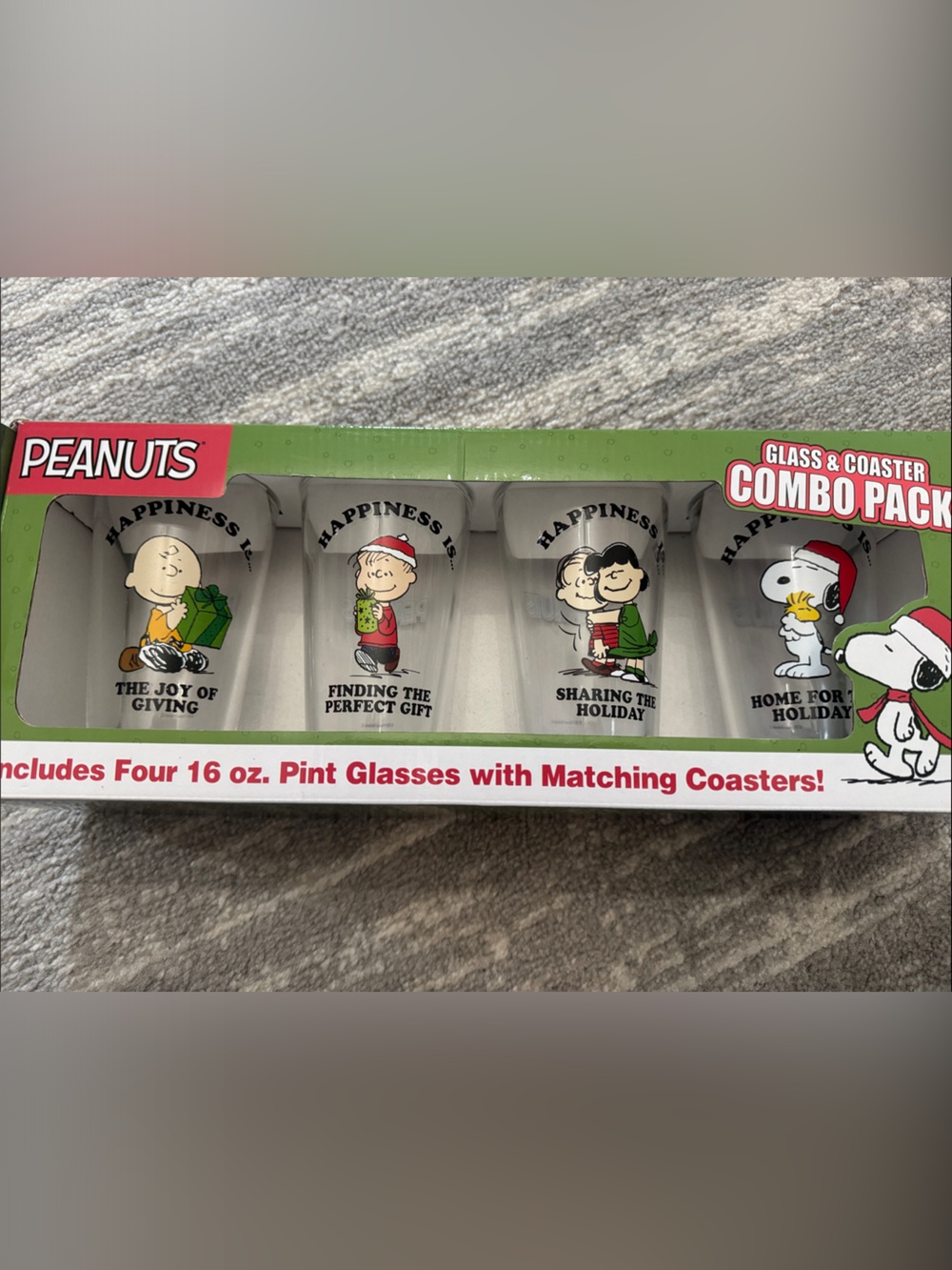 Peanuts Pint Glass Set with White Glasses and Green Box Accents